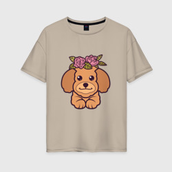Женская футболка хлопок Oversize Пудель щенок с цветами