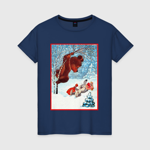 Женская футболка хлопок Медведь на дереве и заяц , цвет темно-синий