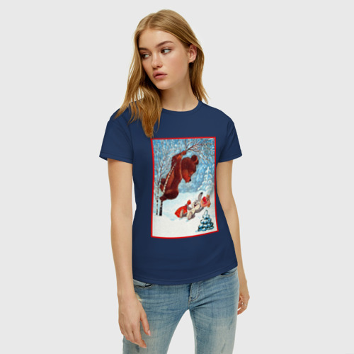Женская футболка хлопок Медведь на дереве и заяц , цвет темно-синий - фото 3