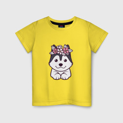 Хаски щенок с цветами – Детская футболка хлопок с принтом купить со скидкой в -20%