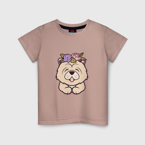 Детская футболка хлопок с принтом Чау-чау щенок с цветами, вид спереди #2