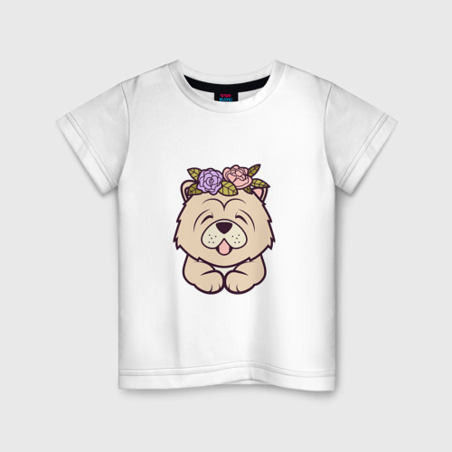 Детская футболка из хлопка с принтом Чау-чау щенок с цветами, вид спереди №1
