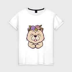 Женская футболка хлопок Чау-чау щенок с цветами