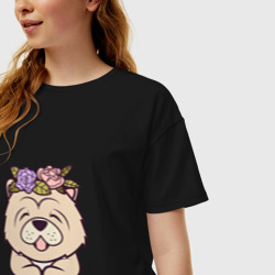Женская футболка хлопок Oversize Чау-чау щенок с цветами - фото 2