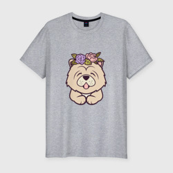 Мужская футболка хлопок Slim Чау-чау щенок с цветами