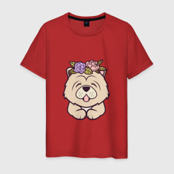 Мужская футболка хлопок Чау-чау щенок с цветами
