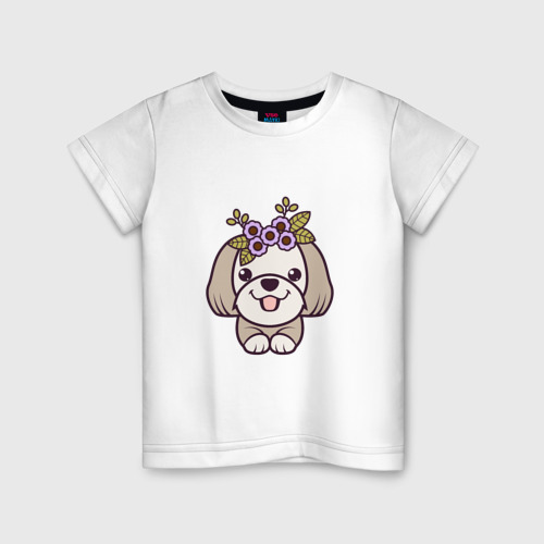 Детская футболка из хлопка с принтом Ши-тцу щенок с цветами, вид спереди №1