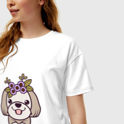 Женская футболка хлопок Oversize Ши-тцу щенок с цветами - фото 2