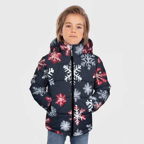 Зимняя куртка для мальчиков 3D Снежинки белые и красные, цвет светло-серый - фото 3