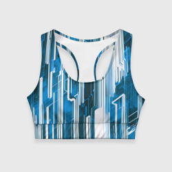 Женский спортивный топ 3D Киберпанк полосы белый и синий