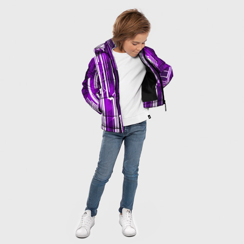 Зимняя куртка для мальчиков 3D с принтом Киберпанк полосы белый и фиолетовый, вид сбоку #3