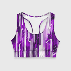 Женский спортивный топ 3D Киберпанк полосы белый и фиолетовый