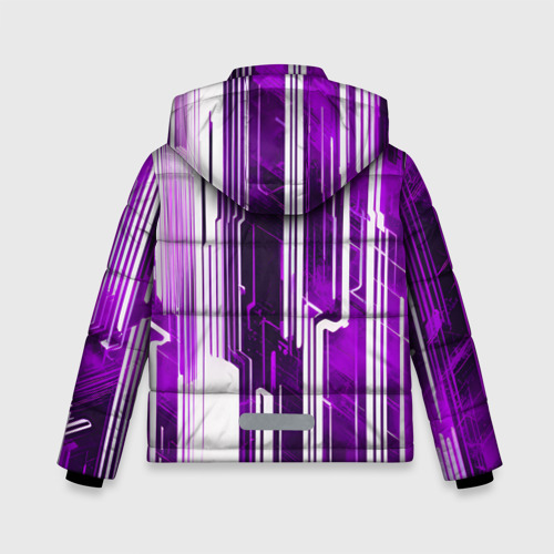 Зимняя куртка для мальчиков 3D с принтом Киберпанк полосы белый и фиолетовый, вид сзади #1