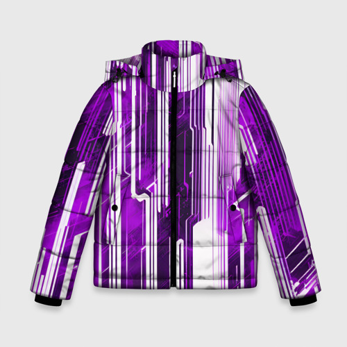 Зимняя куртка для мальчиков 3D с принтом Киберпанк полосы белый и фиолетовый, вид спереди #2