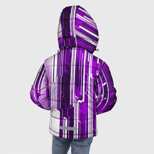 Зимняя куртка для мальчиков 3D с принтом Киберпанк полосы белый и фиолетовый, вид сзади #2