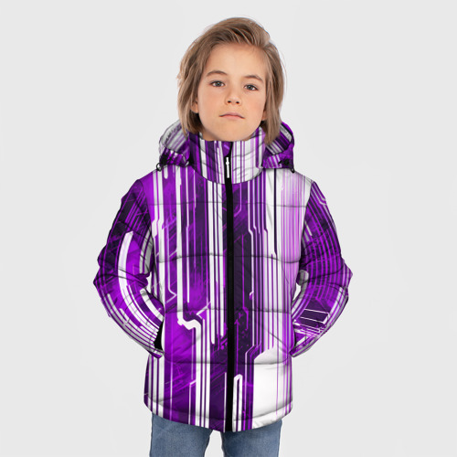 Зимняя куртка для мальчиков 3D с принтом Киберпанк полосы белый и фиолетовый, фото на моделе #1