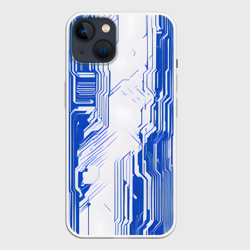 Чехол для iPhone 14 с принтом Синие линии на белом фоне киберпанк, вид спереди #2