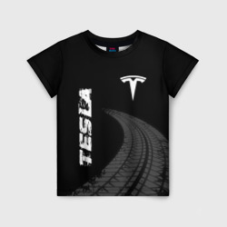 Детская футболка 3D Tesla speed на темном фоне со следами шин вертикально