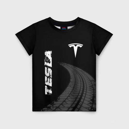 Детская футболка с принтом Tesla speed на темном фоне со следами шин вертикально, вид спереди №1