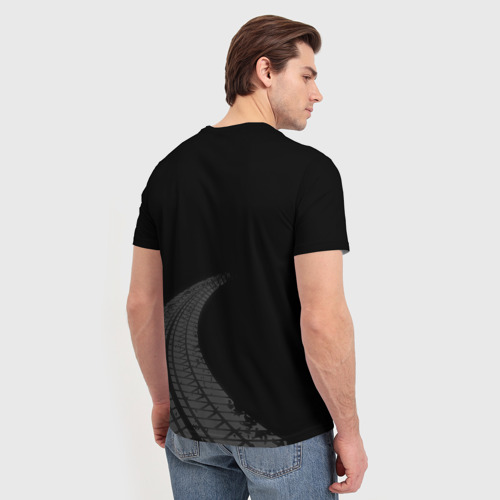 Мужская футболка 3D с принтом Tesla speed на темном фоне со следами шин вертикально, вид сзади #2