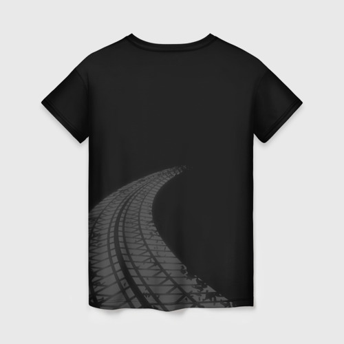 Женская футболка 3D с принтом Tesla speed на темном фоне со следами шин вертикально, вид сзади #1