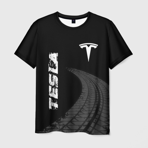 Мужская футболка 3D с принтом Tesla speed на темном фоне со следами шин вертикально, вид спереди #2