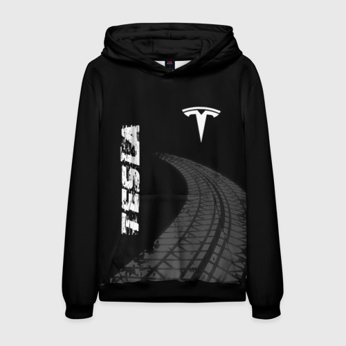 Мужская толстовка 3D с принтом Tesla speed на темном фоне со следами шин вертикально, вид спереди #2