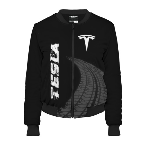 Женский бомбер 3D Tesla speed на темном фоне со следами шин вертикально, цвет черный