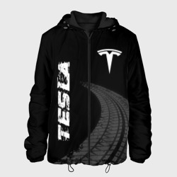 Мужская куртка 3D Tesla speed на темном фоне со следами шин вертикально