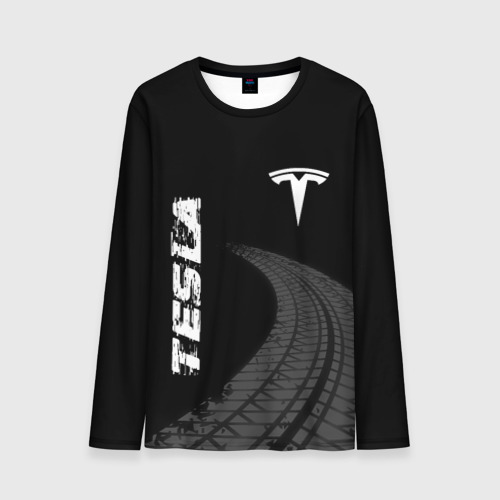 Мужской лонгслив 3D с принтом Tesla speed на темном фоне со следами шин вертикально, вид спереди #2