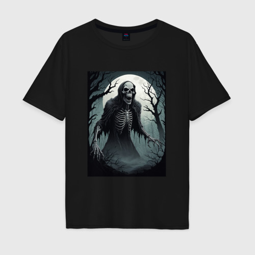 Мужская футболка хлопок Oversize Привидение-скелет в ночном лесу, цвет черный