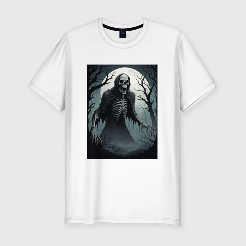 Мужская приталенная футболка из хлопка с принтом Привидение-скелет в ночном лесу, вид спереди №1