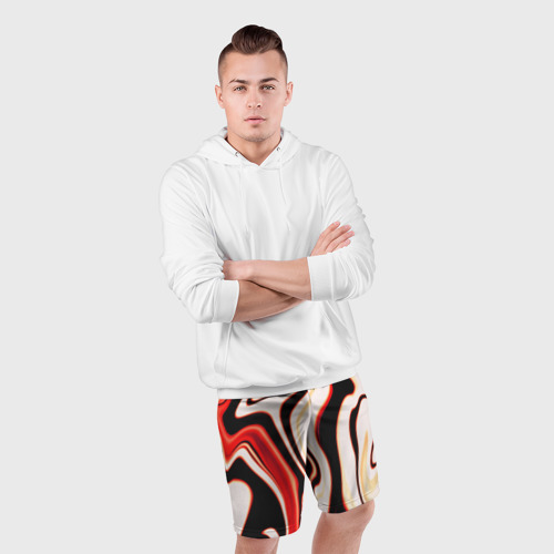Мужские шорты спортивные Абстракция разлитые краски бежевый красный и чёрный, цвет 3D печать - фото 5