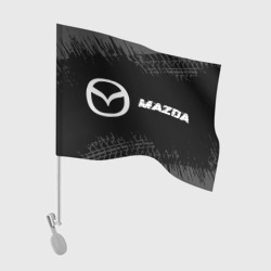 Флаг для автомобиля Mazda speed на темном фоне со следами шин по-горизонтали