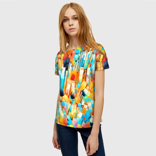 Женская футболка 3D с принтом Кисти художника, фото на моделе #1