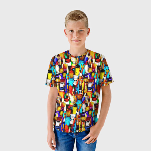 Детская футболка 3D с принтом Кисти и краски художника, фото на моделе #1