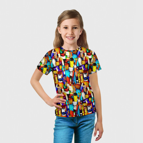 Детская футболка 3D с принтом Кисти и краски художника, вид сбоку #3