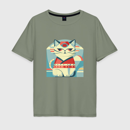 Мужская футболка хлопок Oversize Японский  кот, цвет авокадо