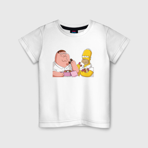 Детская футболка хлопок с принтом Питер и Гомер едят пончики, вид спереди #2