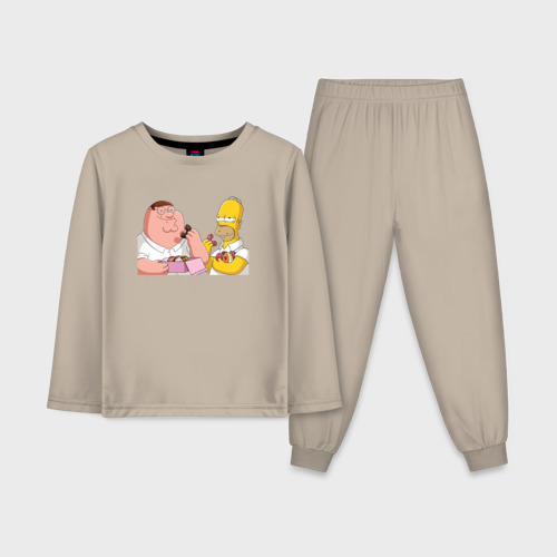 Детская пижама с лонгсливом хлопок с принтом Питер и Гомер едят пончики, вид спереди #2