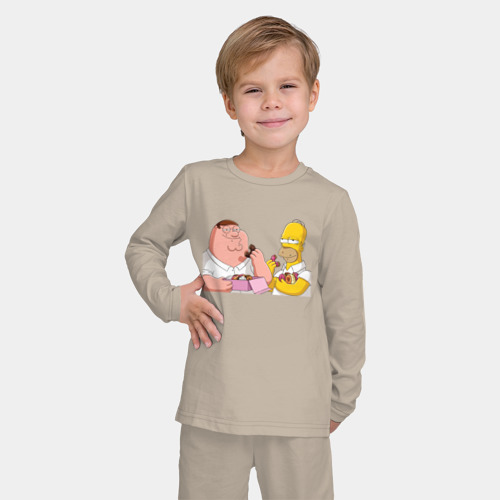 Детская пижама с лонгсливом хлопок с принтом Питер и Гомер едят пончики, фото на моделе #1