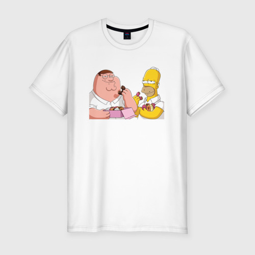 Мужская футболка хлопок Slim с принтом Питер и Гомер едят пончики, вид спереди #2