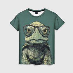 Женская футболка 3D Черепаха в очках на зеленом фоне