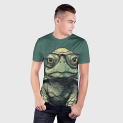 Мужская футболка 3D Slim Черепаха в очках на зеленом фоне - фото 2