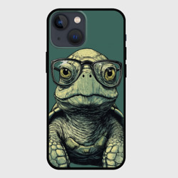 Чехол для iPhone 13 mini Черепаха в очках на зеленом фоне