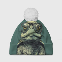 Шапка 3D c помпоном Черепаха в очках на зеленом фоне