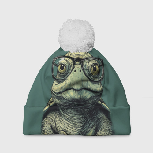 Шапка 3D c помпоном Черепаха в очках на зеленом фоне, цвет 3D печать