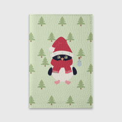 Обложка для паспорта матовая кожа Пингвин в лесу со снеговиком