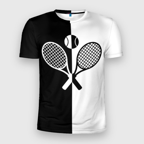 Мужская футболка 3D Slim с принтом Теннис - чёрно белое, вид спереди #2