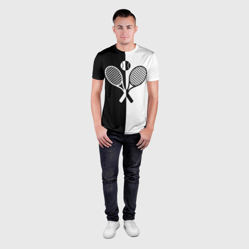 Мужская футболка 3D Slim с принтом Теннис - чёрно белое, вид сбоку #3